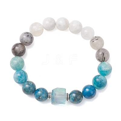 Natural Rainbow Moonstone & Black Rutilated Quartz & Apatite & Hemimorphite Beads Stretch Bracelets for Women Men BJEW-TA00745-1
