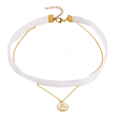 Alloy White Enamel Flat Round with Letter A Pendant Single Face Velvet Ribbon & 304 Stainless Steel Chain Double Layered Necklaces for Women NJEW-TAC0040-1