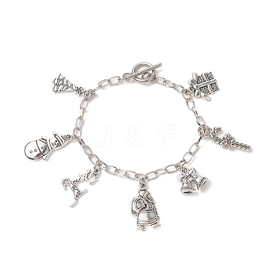 Christmas Tree & Snowman & Candy Cane & Gift Box Alloy Charm Bracelet BJEW-JB09300-1
