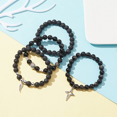 4Pcs 4 Style Natural Silver Obsidian & Lava Rock Stretch Bracelets Set BJEW-JB09480-1