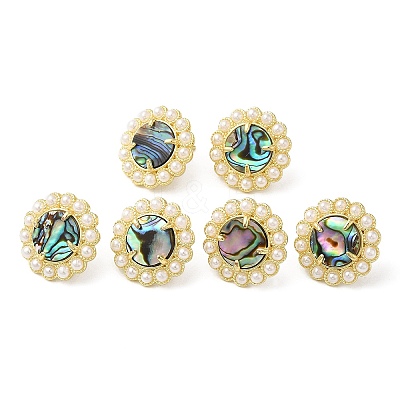 Ion Plating(IP) Natural Shell Flower Stud Earrings with Plastic Pearl Beaded EJEW-E599-04G-03-1