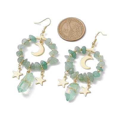 Natural Green Aventurine Chip & Dyed Quartz Crystal Beaded Ring Dangle Earrings EJEW-TA00357-02-1