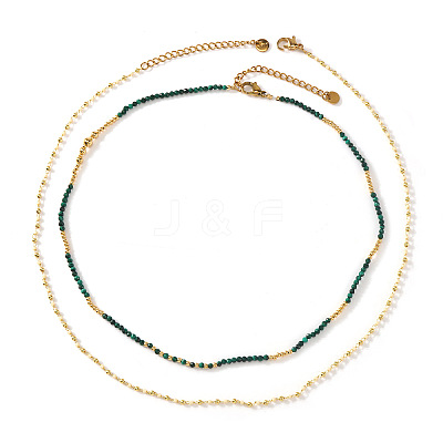 Faceted Round Natural Malachite and Faux Pearl Beaded Double Layer Necklaces with Stainless Steel Cable Chains for Women QA9990-1-1