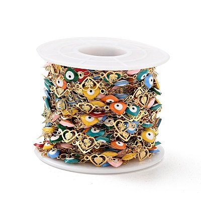 Ion Plating(IP) Stainless Steel Heart Link Chains with Colorful Enamel Evil Eye CHS-C005-02G-1