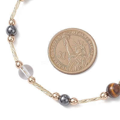 Round Synthetic Non-Magnetic Hematite & Quartz Crystal & Natural Tiger Eye and Glass Twisted Bugle Beaded Necklaces NJEW-JN05726-1