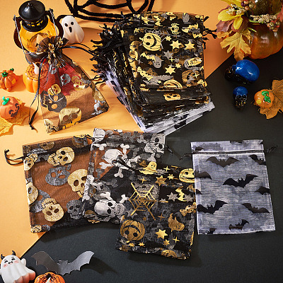 40Pcs 4 Styles Halloween Theme Spider Bat Skull Printed Organza Drawstring Bags ABAG-TA0002-03-1