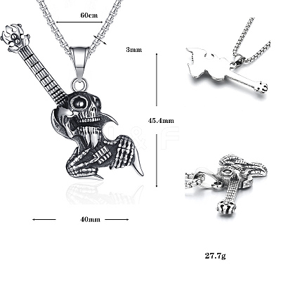 Halloween 304 Stainless Steel Guitar Skull Pendant Necklaces for Men WGCDC24-01-1