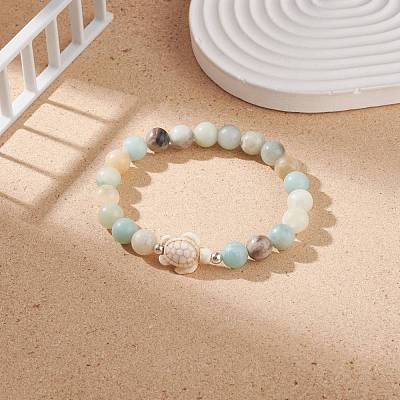 Natural Flower Amazonite & Synthetic Turquoise(Dyed) Tortoise Beaded Stretch Bracelet BJEW-TA00167-1