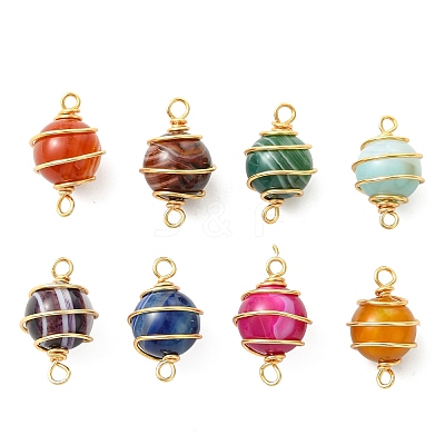 Natural Striped Agate/Banded Agate(Dyed & Heated) Copper Wire Wrapped Round Links Connector Charms PALLOY-JF05906-1