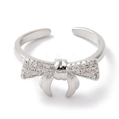 Bowknot Brass Micro Pave Clear Cubic Zirconia Open Cuff Rings for Women RJEW-C098-05P-1