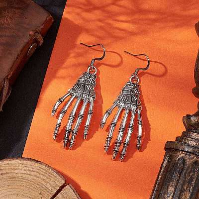 Halloween Themed Skull Hand Dangle Earrings EJEW-JE06070-1