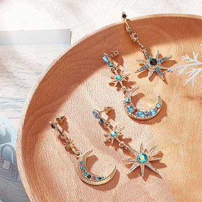 2 Sets 2 Styles Colorful Rhinestone Moon & Star Asymmetrical Earrings EJEW-FI0001-22-1