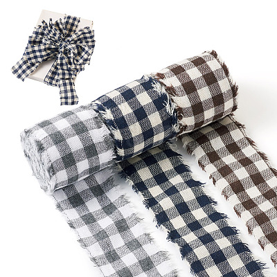 3 Rolls Tartan Cotton Linen Frayed Ribbon OCOR-TAC0035-11B-1