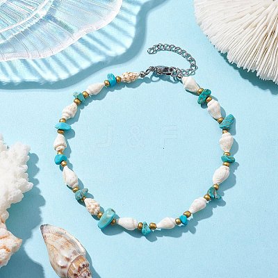Synthetic Turquoise Chips & Natural Trumpet Shell Beaded Anklets AJEW-AN00585-1