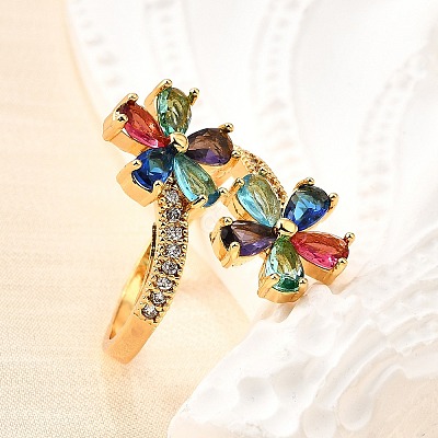 Brass Micro Pave Cubic Zirconia Cuff Rings RJEW-D308-03G-A-1