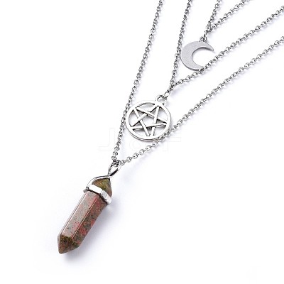 Bullet Natural Unakite Pendant Tiered Necklaces NJEW-JN02457-02-1