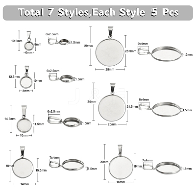 35Pcs 7 Styles 304 Stainless Steel Pendant Cabonchon Settings STAS-CJ0002-16-1