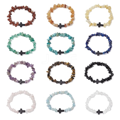12Pcs Natural & Synthetic Gemstone Chips Stretch Bracelets For Women Men BJEW-JB11341-1