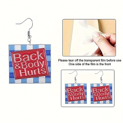 Square with Word Back & Body Hurts Acrylic Dangle Earrings FS-WGDBEE3-01-1