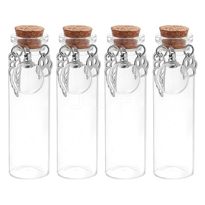 4Pcs Transparent Glass Empty Bottles with Alloy Feather and Paw Print Charms AJEW-DR00041-1