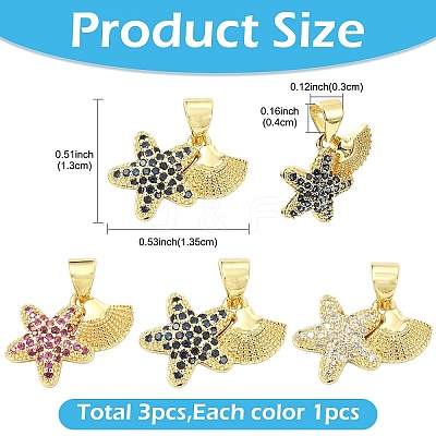 3Pcs 3 Colors Brass Micro Pave Cubic Zirconia Charms KK-YW0004-48-1