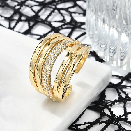 Brass Micro Pave Clear Cubic Zirconia Open Cuff Rings for Women RJEW-M026-02G-02-1