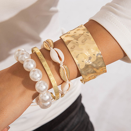 Shell Shape Alloy & Iron & CCB Plastic & Plastic Pearl Bangles Set FS-WGB93A7-11-1