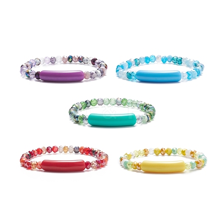 Round Glass Beaded Stretch Bracelet with Acrylic Tube BJEW-JB07983-1