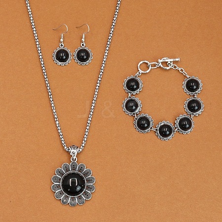 Flower Alloy with Synthetic Turquoise Pendant Necklaces & Dangle Earrings & Link Bracelets Sets WGD1135-16-1