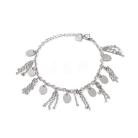 Non-Tarnish 304 Stainless Steel Chain Tassel & Oval & Heart Charm Bracelet for Women BJEW-G669-13P-1