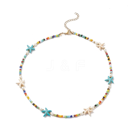Colorful Synthetic Turquoise Starfish & Shell Pearl & Glass Seed Beaded Necklace for Women NJEW-TA00044-1