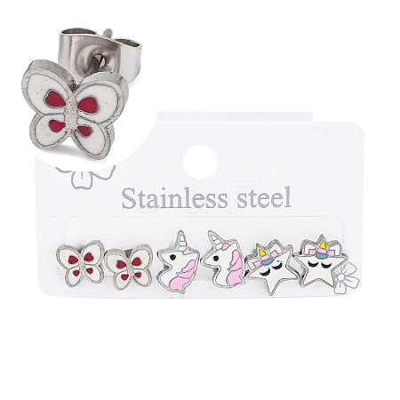 3 Pairs 3 Styles 304 Stainless Steel Enamel Stud Earrings for Women EJEW-K279-03P-1