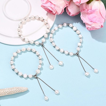 Adjustable Natural Pearl with Brass Chain Slider Bracelets for Women Girl BJEW-T022-16A-1