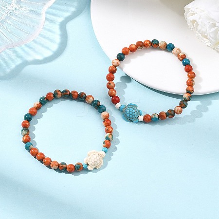 2Pcs Synthetic Ocean White Jade & Synthetic Turquoise Turtle Beads Stretch Bracelets for Women Men BJEW-JB13640-1