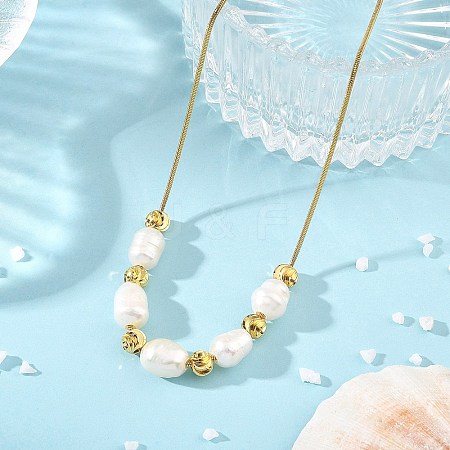 Natural Cultured Freshwater Pearl Rice Beaded Necklaces with Brass Round Snake Chains NJEW-JN06399-1