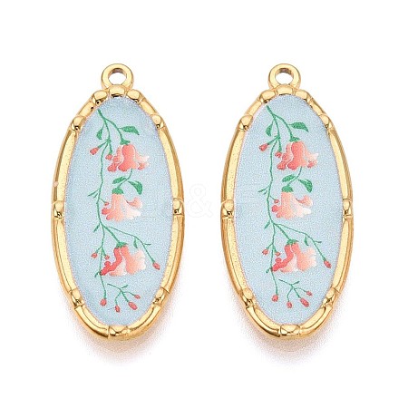 Printed Style 304 Stainless Steel Oval with Flower Pattern Pendants STAS-T071-27D-G-1