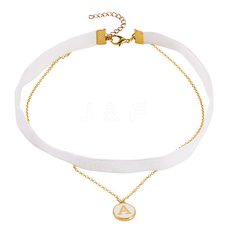 Alloy White Enamel Flat Round with Letter A Pendant Single Face Velvet Ribbon & 304 Stainless Steel Chain Double Layered Necklaces for Women NJEW-TAC0040-1
