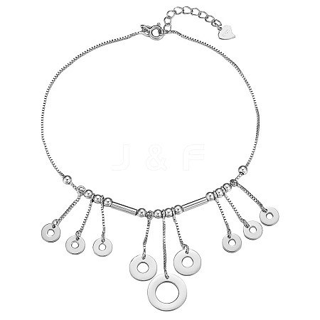 Rhodium Plated 925 Sterling Silver Donut Charm Anklet with Curved Tube Beads JA192A-1