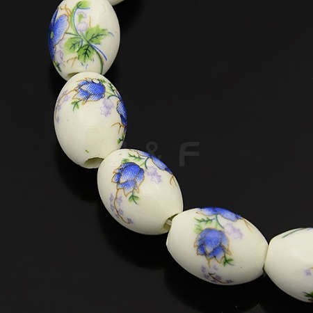 Handmade Flower Printed Porcelain Oval Beads Strands PORC-L005-B-11-1