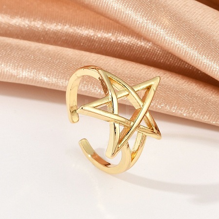 Hollow Star Brass Open Cuff Rings for Women RJEW-G343-11G-1