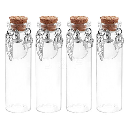4Pcs Transparent Glass Empty Bottles with Alloy Feather and Paw Print Charms AJEW-DR00041-1