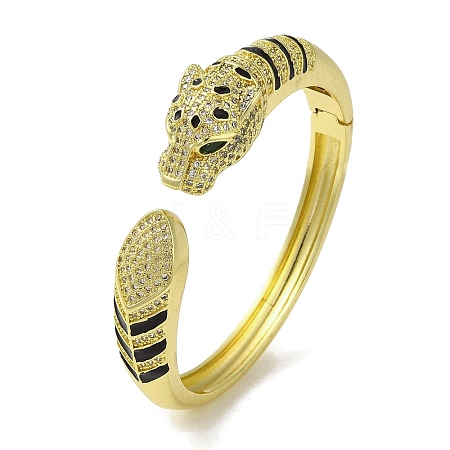 Brass Pave Clear & Green Cubic Zirconia Leopard Open Cuff Bangle for Women BJEW-K246-15G-1