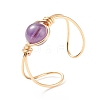 Natural Amethyst Round Beaded Open Cuff Ring RJEW-TA00041-02-4