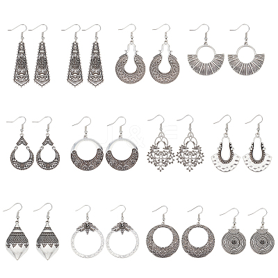 4 Sets 4 Style Tibetan Style Alloy Geometry Dangle Earrings for Women EJEW-AN0003-86-1