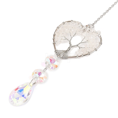 Wire Wrapped Natural Quartz Crystal Heart with Tree of Life Pendant Decorations HJEW-K046-02P-04-1