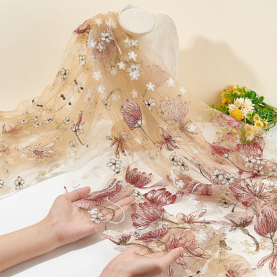Embroidered Flowers Polyester Tulle Lace Fabric DIY-WH0449-31D-1