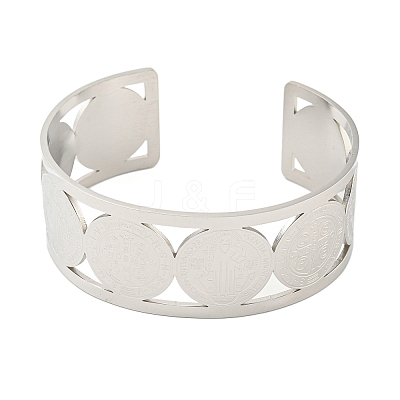 304 Stainless Steel Wide Hollow Saint Benedict Medal Open Cuff Bangles LS-BJEW-S154-01P-1