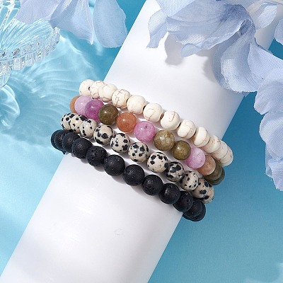 4Pcs Constellation 8mm Round Natural Dalmation Jasper & White Jade Imitation Tourmaline BJEW-JB10640-1