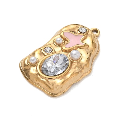 304 Stainless Steel Micro Pave Clear Cubic Zirconia with Pink Enamel & Plastic Pearl Pendants SA-CBA50C9-02G-1