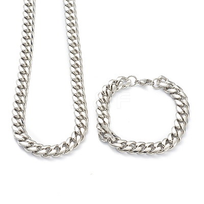 304 Stainless Steel Cuban Link Chain Bracelets & Necklaces Jewelry Sets SJEW-B019-03D-P-1